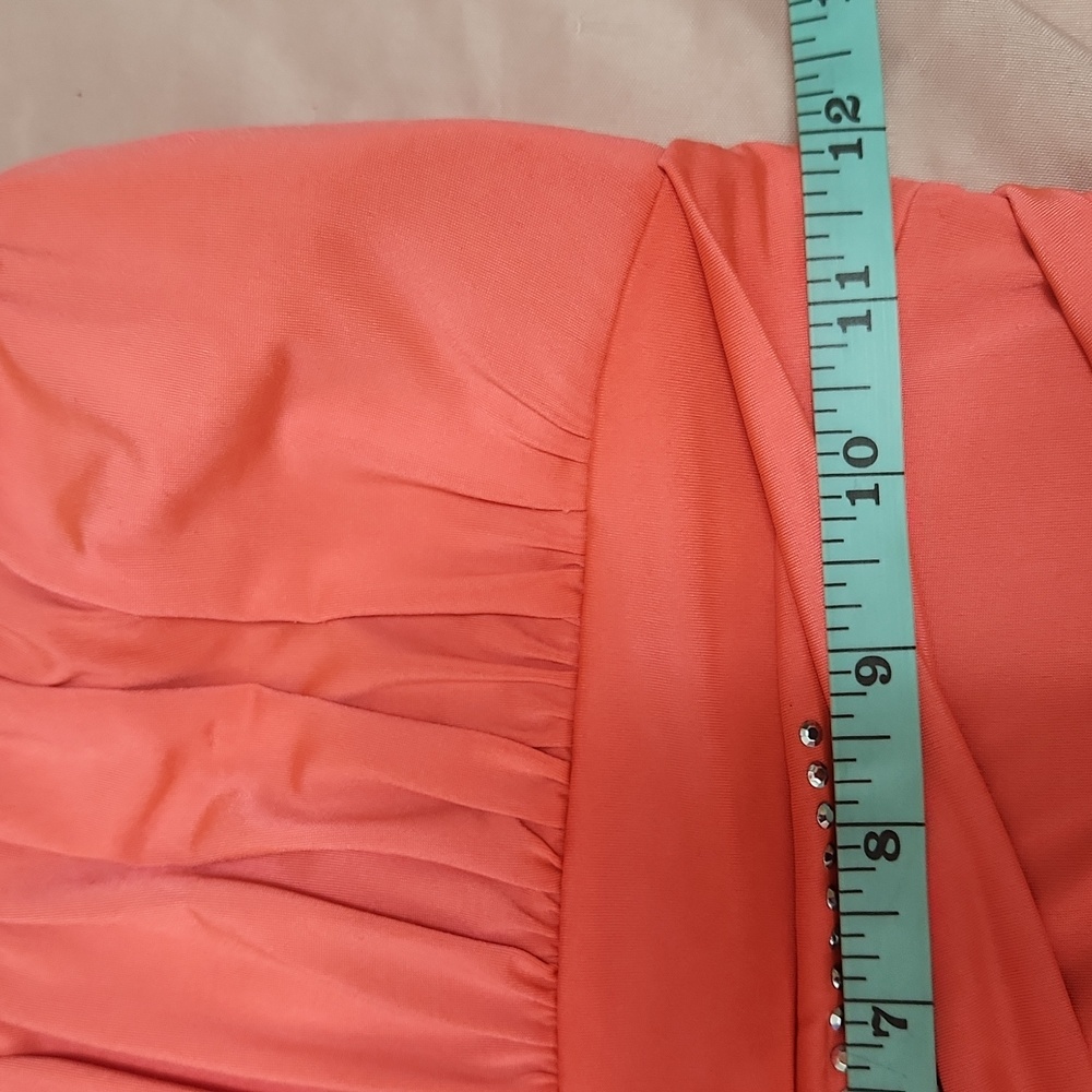 Y2K Vintage Deb Strapless Ruched NEON Orange Mini Dress Rhinestones S Party - Picture 13 of 16
